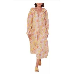 Magali Pascal Elainne Floral Bloom Long Sleeve V-Neck Silk Midi Dress Sz S